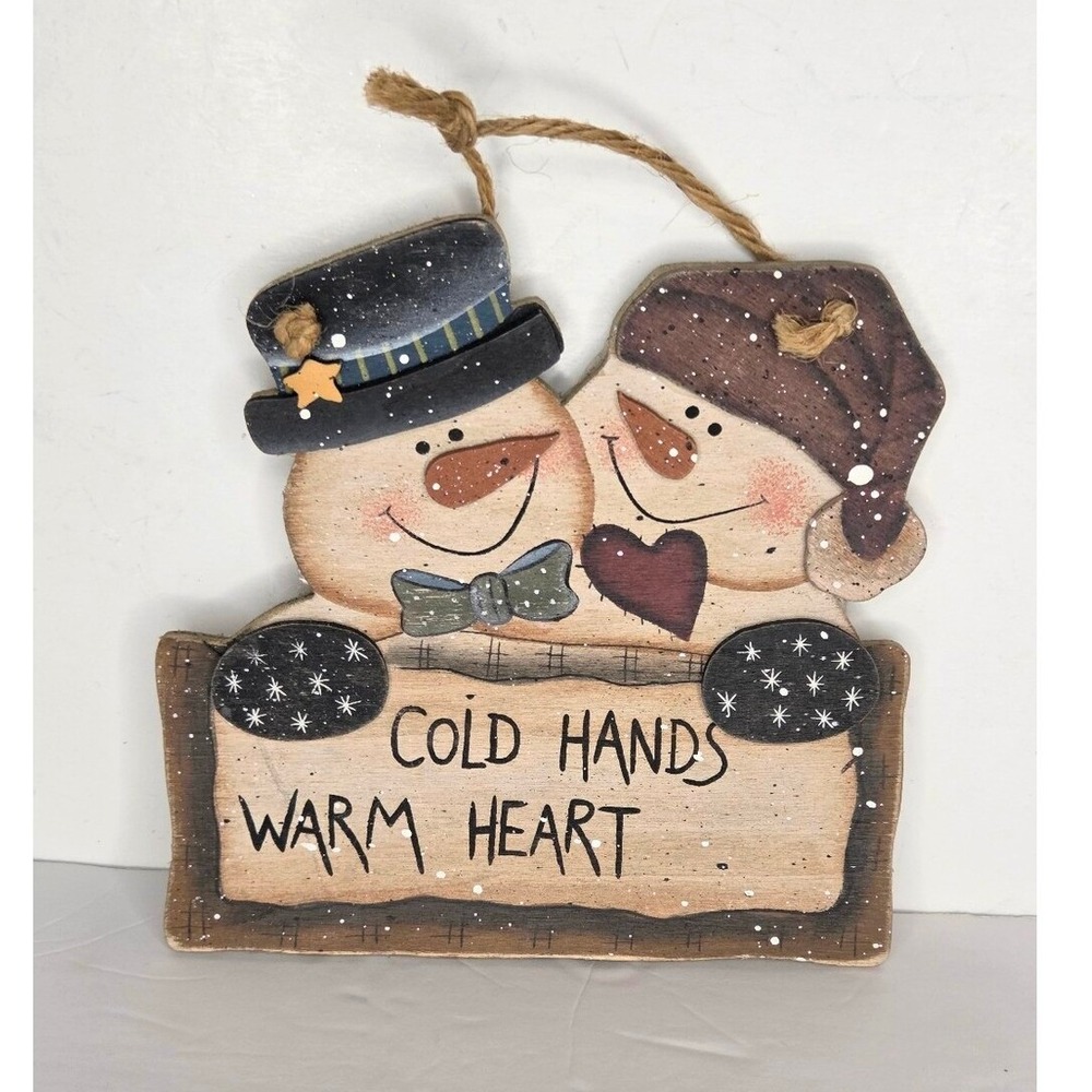 Primitive Christmas Snowman Wooden Wall Decor Ornament Cold Hands Warm Heart